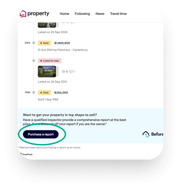 A property.com.au page showing the 'Purchase a report' button