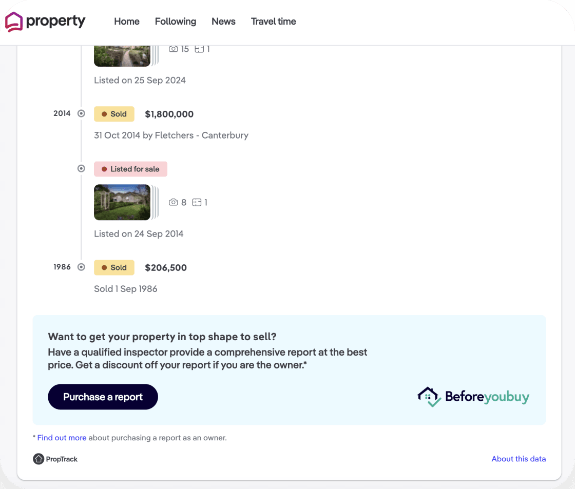 A property.com.au page showing the 'Purchase a report' button