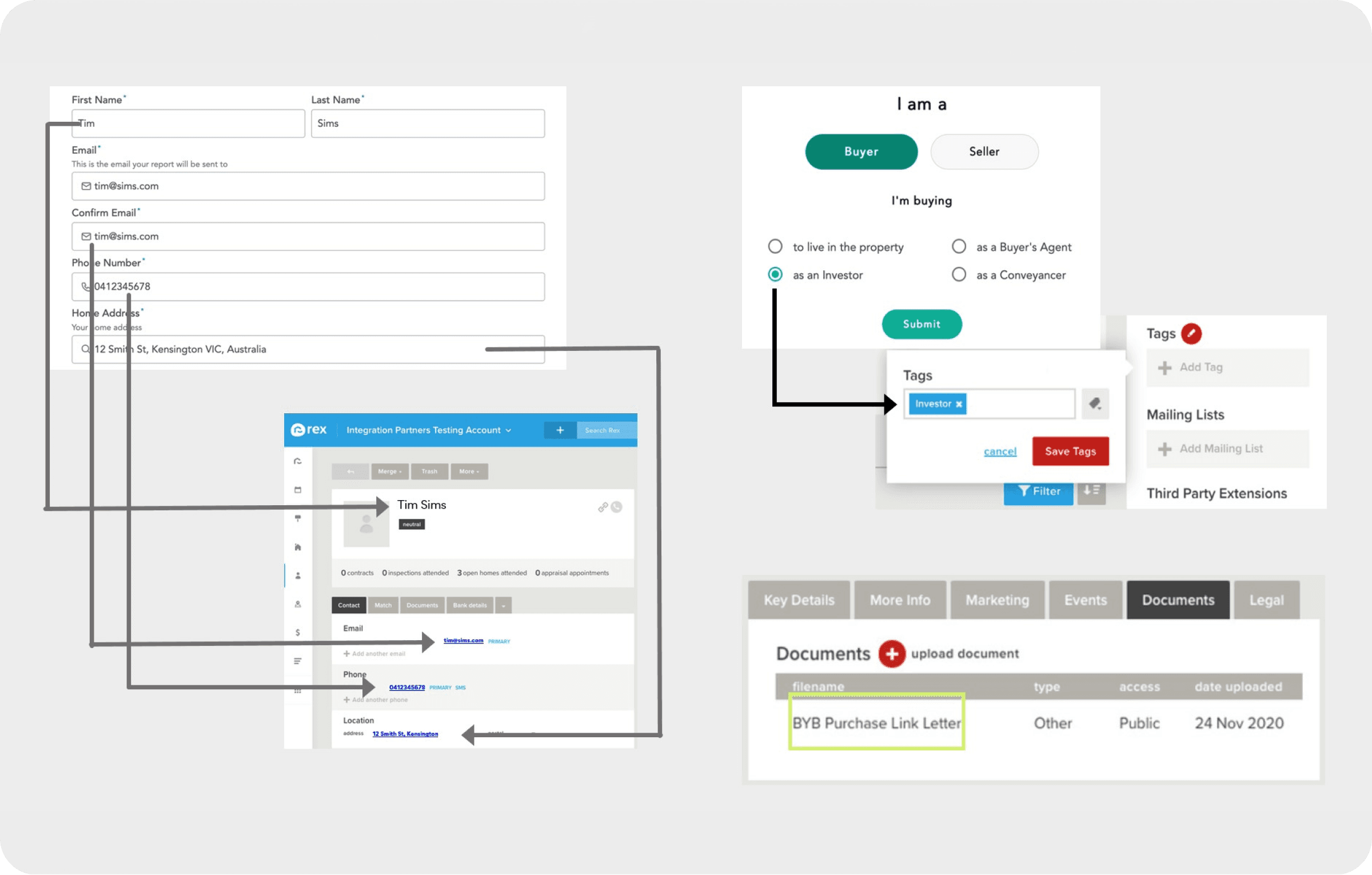 A BYB report request flowing into Rex CRM: the buyer's details, tags and documents populated automatically on the contact