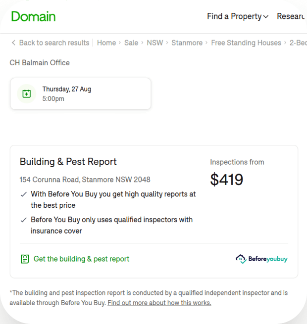 A Domain listing showing the 'Get the building & pest report' link