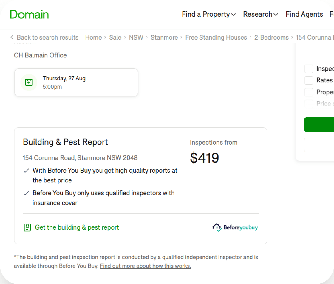 A Domain listing showing the 'Get the building & pest report' link
