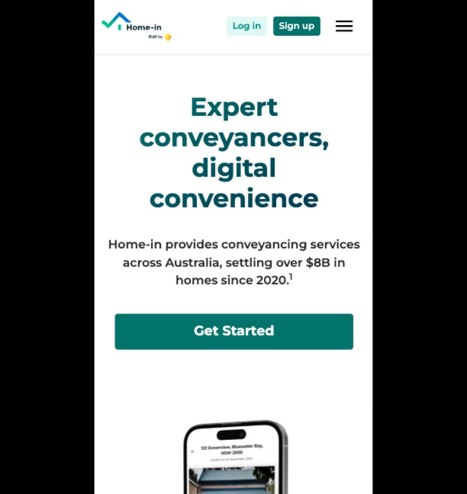 Home-in product interface showing conveyancing services