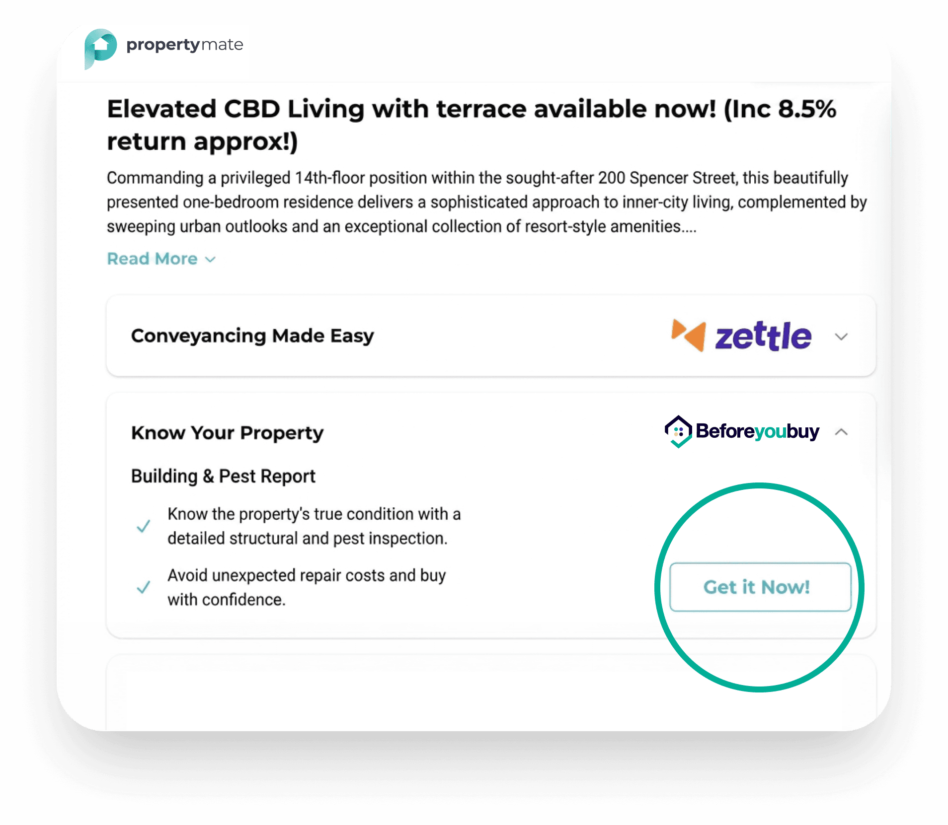 PropertyMate listing showing Know Your Property panel